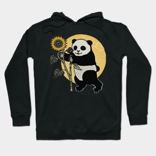 Ukiyo-e Style Smiling Panda Holding a Sunflower With the Sun Behind Hoodie